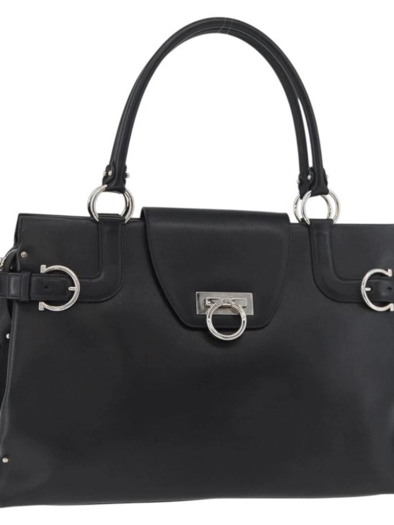 Salvatore Ferragamo Gancini Hand Bag Leather Black Silver Auth Ba12902